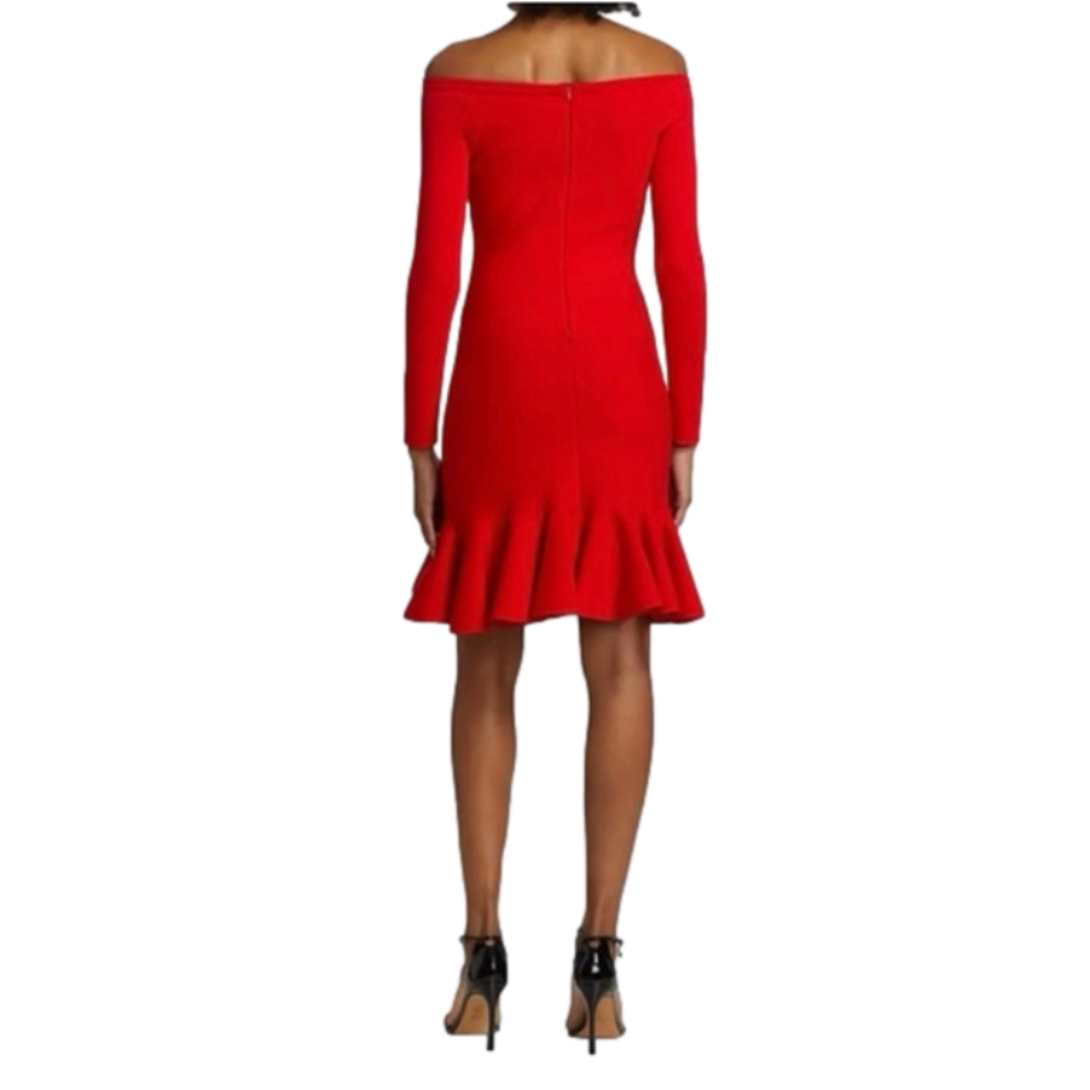 Oscar de la Renta Red Off-Shoulder Ruffle Hem Dress - Picture 2 of 10